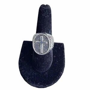 Silver tone cross statement gothic religious open ring - size 9